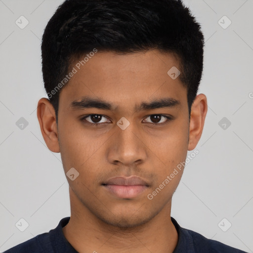 Neutral latino young-adult male with short  black hair and brown eyes