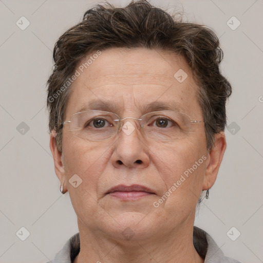 Joyful white middle-aged male with short  brown hair and brown eyes