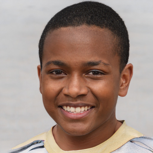 Joyful black young-adult male with short  brown hair and brown eyes