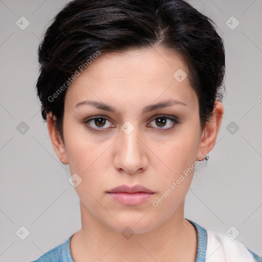 Neutral white young-adult female with medium  brown hair and brown eyes