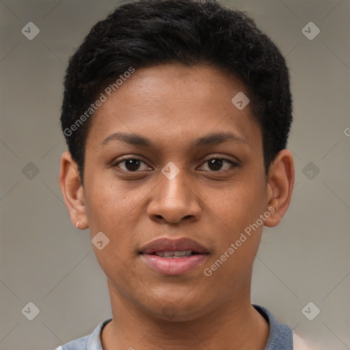 Joyful black young-adult female with short  brown hair and brown eyes