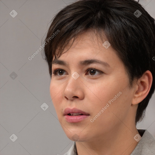 Neutral white young-adult female with medium  brown hair and brown eyes