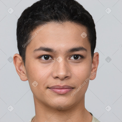 Joyful latino young-adult male with short  brown hair and brown eyes