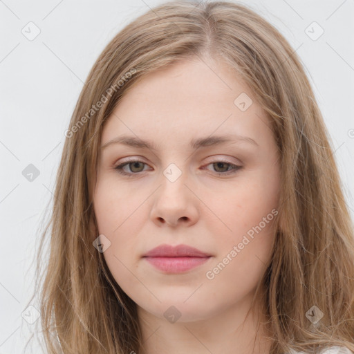 Neutral white young-adult female with long  brown hair and grey eyes