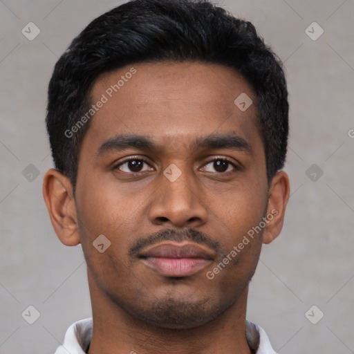 Neutral latino young-adult male with short  black hair and brown eyes
