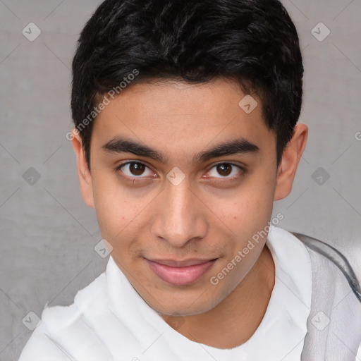 Joyful white young-adult male with short  black hair and brown eyes