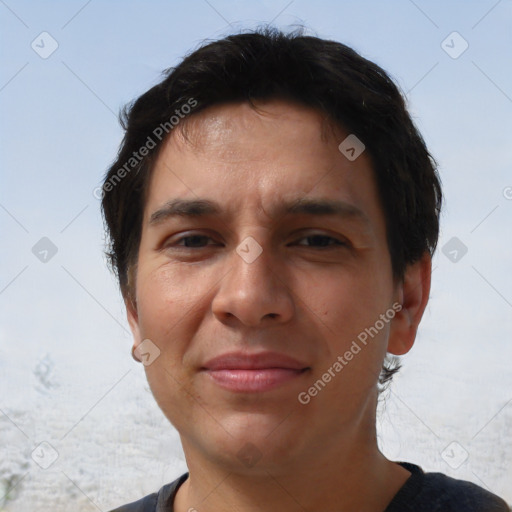 Joyful asian young-adult male with short  brown hair and brown eyes