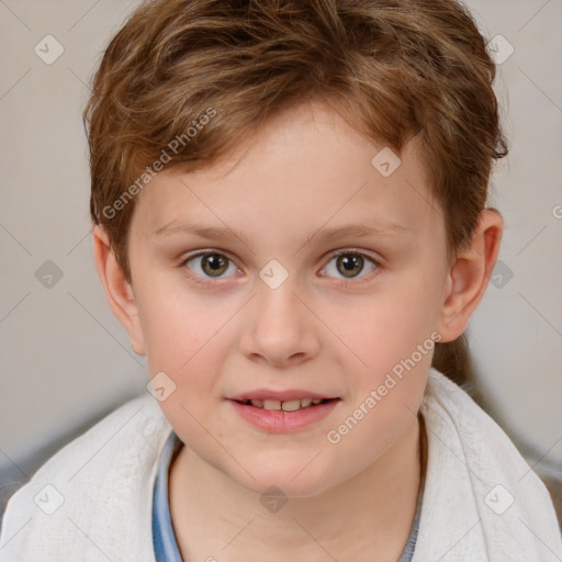 Joyful white child male with short  brown hair and brown eyes