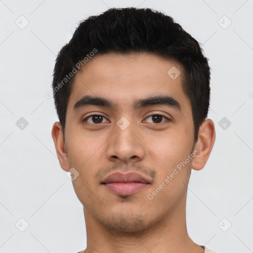 Neutral asian young-adult male with short  black hair and brown eyes