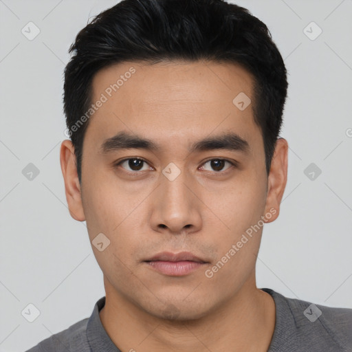 Neutral asian young-adult male with short  black hair and brown eyes