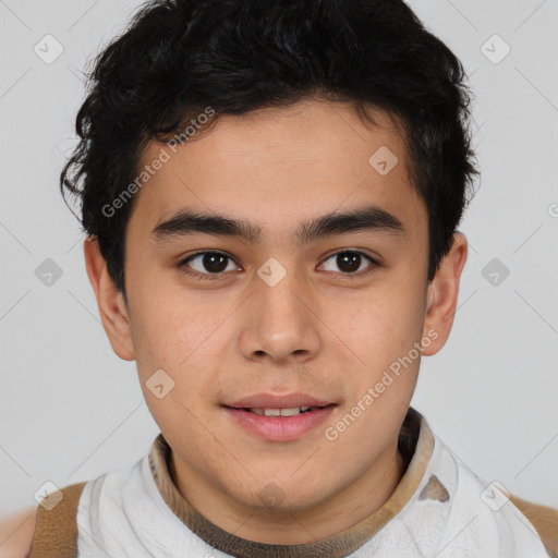 Joyful latino young-adult male with short  brown hair and brown eyes