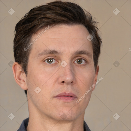 Neutral white adult male with short  brown hair and brown eyes