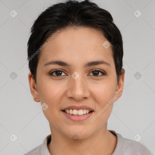 Joyful white young-adult female with short  brown hair and brown eyes