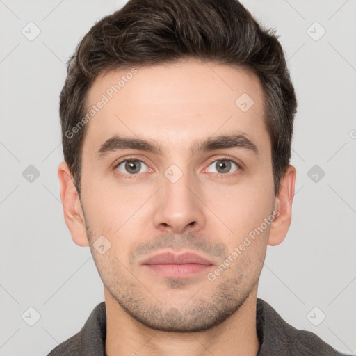 Neutral white young-adult male with short  brown hair and brown eyes