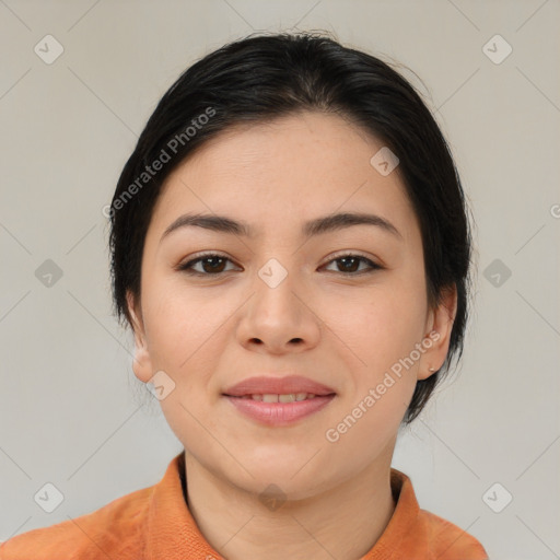 Joyful asian young-adult female with medium  brown hair and brown eyes