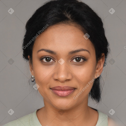 Joyful black young-adult female with medium  black hair and brown eyes