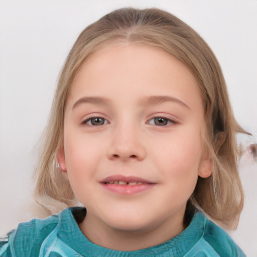 Neutral white child female with medium  brown hair and grey eyes