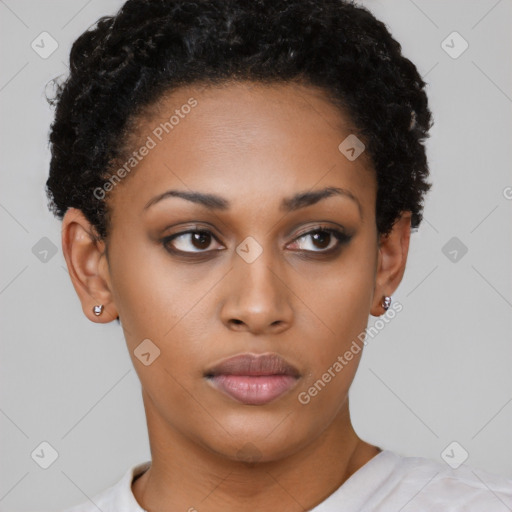 Neutral black young-adult female with short  black hair and brown eyes