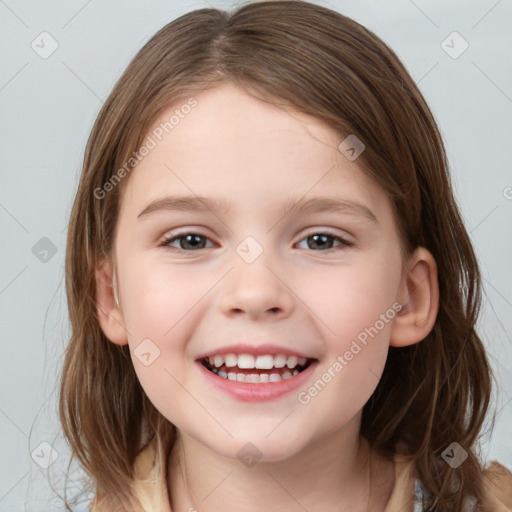 Joyful white child female with medium  brown hair and grey eyes