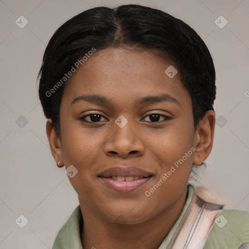 Joyful black young-adult female with short  brown hair and brown eyes