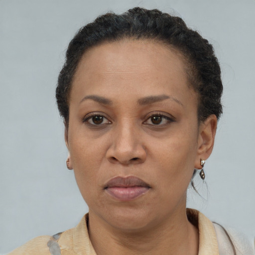 Neutral latino adult female with short  brown hair and brown eyes