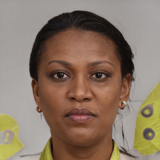 Joyful black adult female with short  brown hair and brown eyes