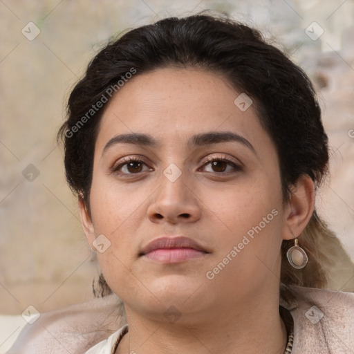 Neutral white young-adult female with medium  brown hair and brown eyes