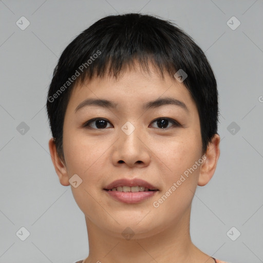 Joyful asian young-adult female with short  brown hair and brown eyes