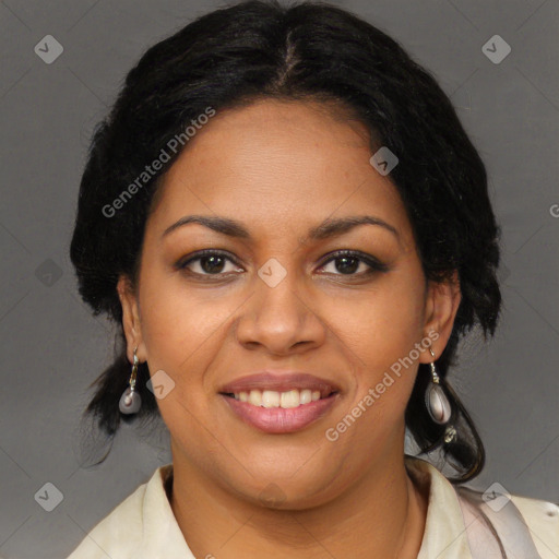 Joyful latino young-adult female with medium  brown hair and brown eyes