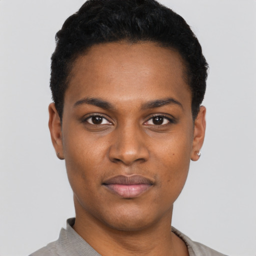 Neutral black young-adult male with short  black hair and brown eyes