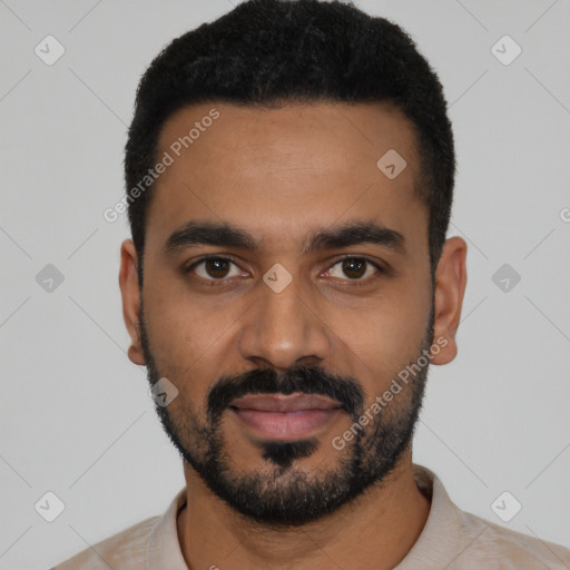 Neutral latino young-adult male with short  black hair and brown eyes
