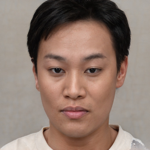 Neutral asian young-adult female with short  brown hair and brown eyes