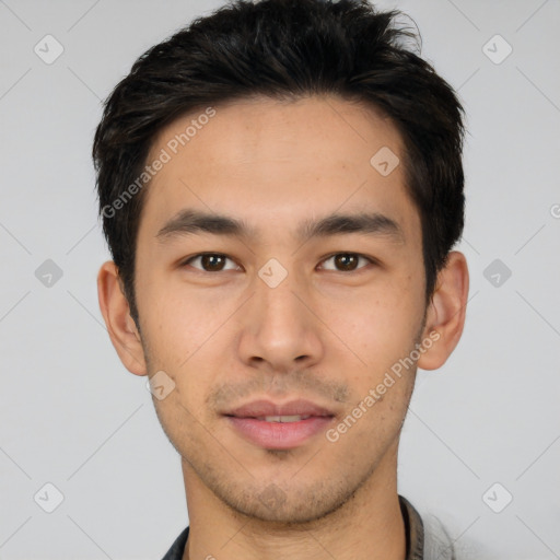 Neutral asian young-adult male with short  brown hair and brown eyes