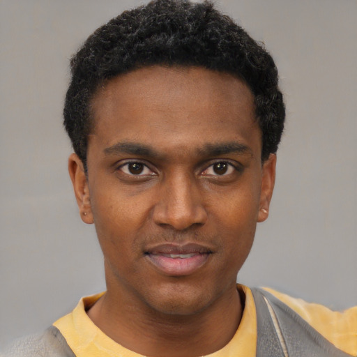 Neutral black young-adult male with short  black hair and brown eyes