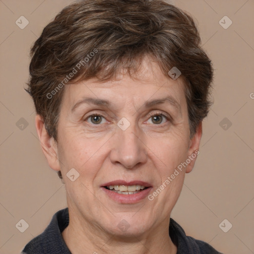 Joyful white adult female with short  brown hair and brown eyes