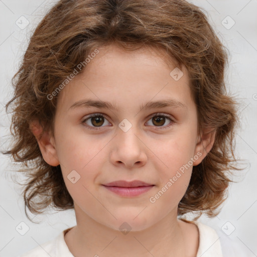 Joyful white child female with medium  brown hair and brown eyes