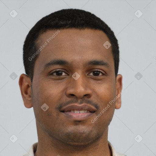 Neutral latino young-adult male with short  brown hair and brown eyes
