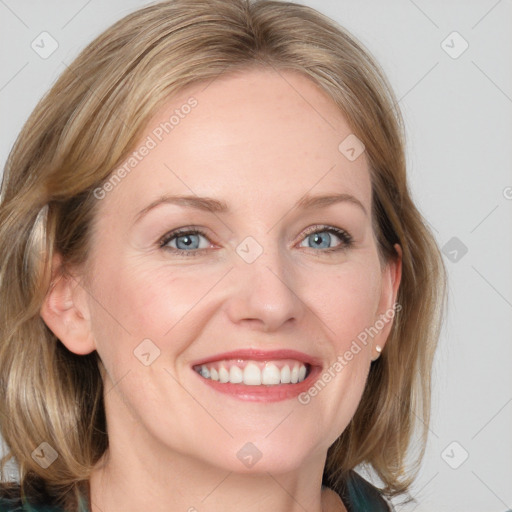 Joyful white young-adult female with medium  brown hair and blue eyes