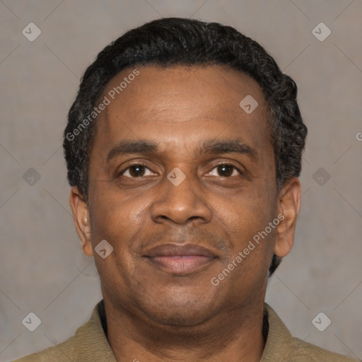 Joyful black adult male with short  black hair and brown eyes