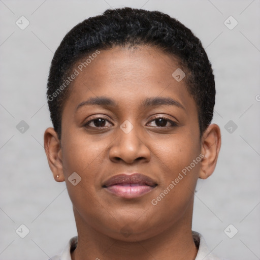 Joyful black young-adult female with short  brown hair and brown eyes