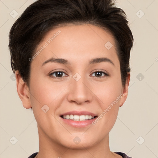 Joyful white young-adult female with short  brown hair and brown eyes