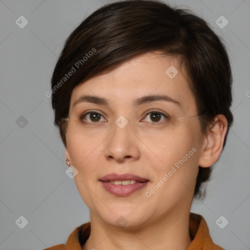 Joyful white young-adult female with medium  brown hair and brown eyes