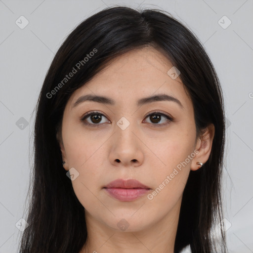 Neutral asian young-adult female with long  brown hair and brown eyes