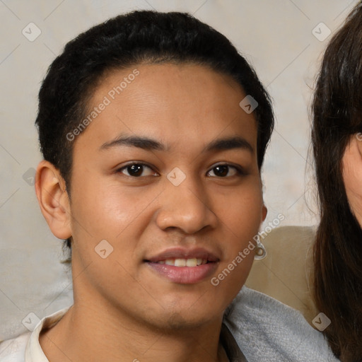 Joyful latino young-adult female with short  brown hair and brown eyes