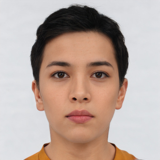 Neutral asian young-adult female with short  black hair and brown eyes