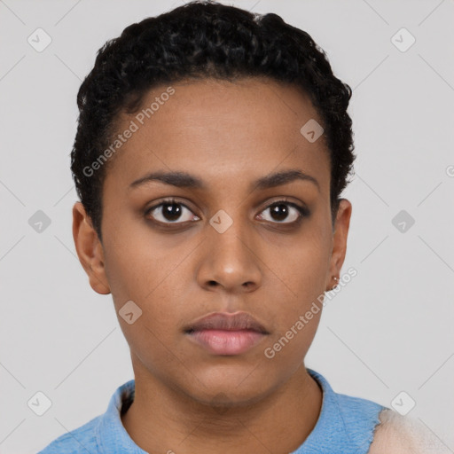 Neutral latino young-adult female with short  black hair and brown eyes