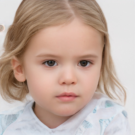 Neutral white child female with medium  brown hair and grey eyes