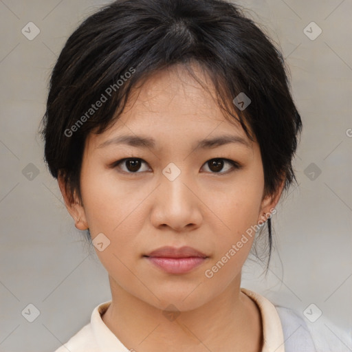 Neutral asian young-adult female with medium  brown hair and brown eyes