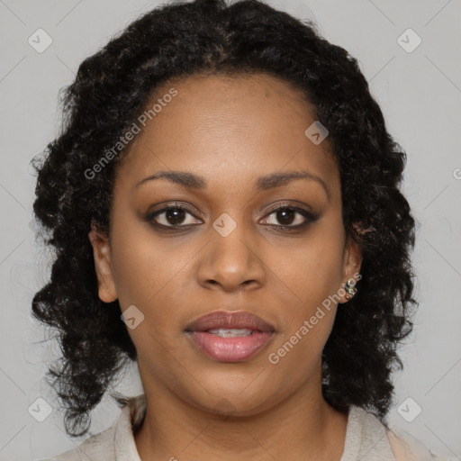 Joyful black young-adult female with medium  brown hair and brown eyes