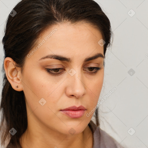 Neutral white young-adult female with long  brown hair and brown eyes